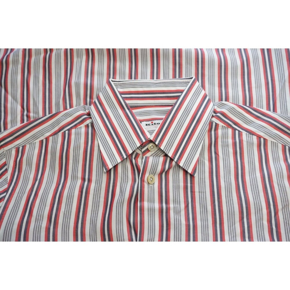 Kiton Su Misura White Red Blue Striped Plaid Cotton Spread Dress Shirt 15.5